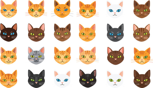 Cat Faces Collection with Different Breeds, Cute Kitty Portraits, and Various Fur Colors for Pet, Animal, and Cartoon Illustration Design