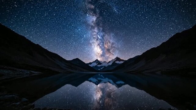 Milky Way galaxy reflection in still mountain lake under starry night sky with snow-capped peaks and alpine landscape.