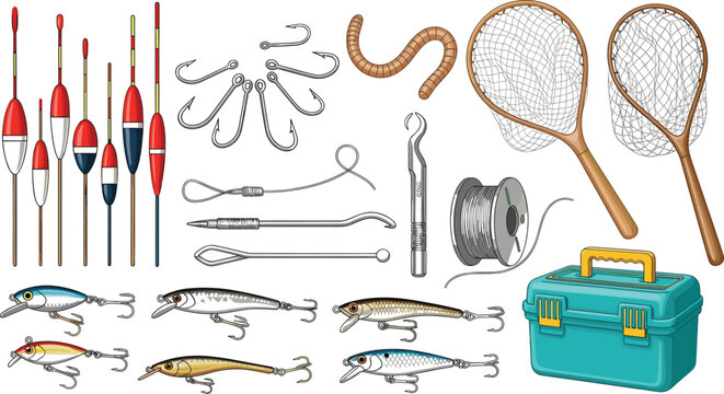 Fishing Gear and Accessories Icon Set Featuring Hooks, Lures, Nets, Floats, Rods, and Tackle Box for Outdoor Fishing Activity Vector Design