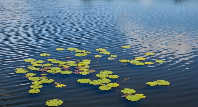 Water lilies floating on the calm blue surface of a lake with gentle ripples, creating a peaceful and serene natural scene