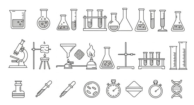 Collection of Scientific Laboratory Equipment and Tools Hand Drawn Sketch Style.