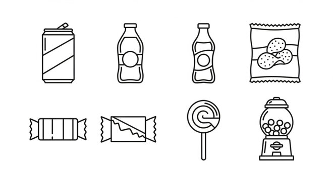 Collection of sweet treats and drinks in outline style.