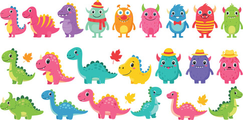 Cute Cartoon Monsters and Dinosaurs Collection with Colorful Fantasy Creatures, Funny Characters, and Kids Illustration for Playful Design and Nursery Art © MstBobita