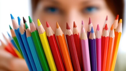 Fototapeta premium Woman holds vibrant colored pencils poised for art person holds assorted colored pencils artistic tools ready