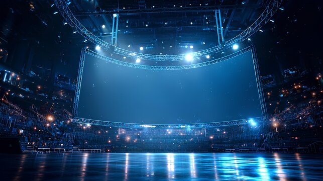 Neon Arena: A vast, modern arena bathed in the glow of electric blue, showcasing a large screen with anticipation as the backdrop, evoking the excitement of an upcoming event.