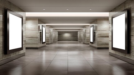 Obraz premium Subway Passage with Advertisement: A modern subway passage features several digital displays, offering a futuristic vibe. Capturing the essence of urban life and information.