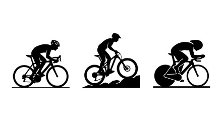 Obraz premium Cycling silhouette vector set, road bike racer and mountain biker icons, professional triathlon athlete and cyclist silhouettes for sports design