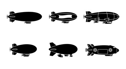 Vintage blimp silhouette collection, 6 airship vector icons, retro dirigible and zeppelin transport symbols, black aviation flying machines © Nafisa