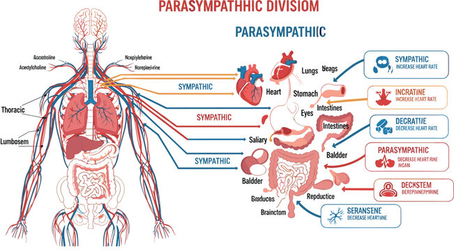 Illustration of the Human Nervous System with Parasympathetic and Sympathetic Divisions in Detailed Anatomical Diagram