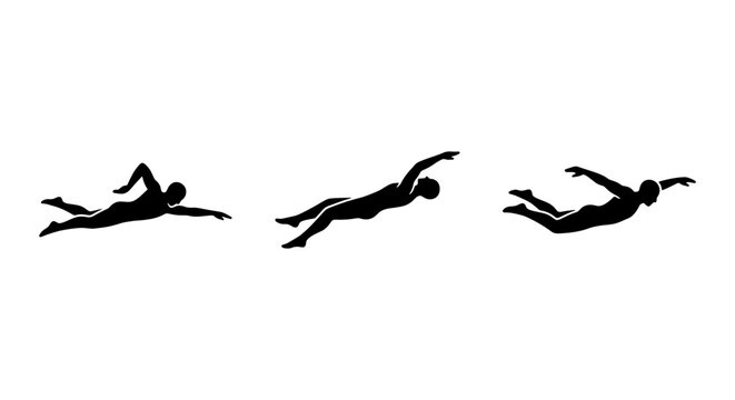 Minimalist swimmer silhouettes set, black swimming athlete vector icons, professional freestyle and butterfly stroke swimmers on white background