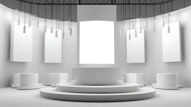 Minimalist Stage Design: A pristine, modern stage set with clean lines, geometric shapes, and a minimalist aesthetic. Designed for presentation or showcase. 