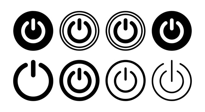 Minimalist power button icon set, black and white electronic switch symbols, collection of 8 vector start and shutdown buttons for UI design