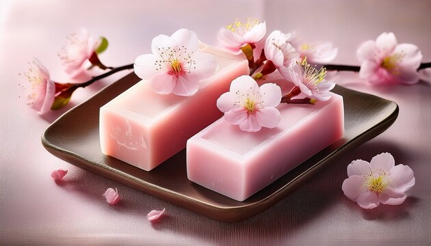 two handmade soaps with delicate cherry blossoms are presented