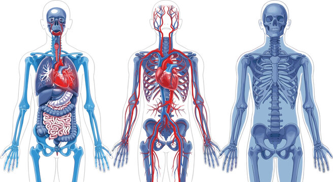 Human Anatomy Illustration Showing Digestive, Circulatory, and Skeletal Systems for Educational and Medical Design