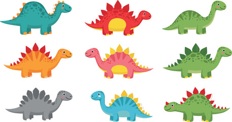 Cute dinosaur cartoon collection vector illustration with colorful prehistoric animals in different poses isolated on white background © EdGe Creative