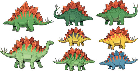Stegosaurus dinosaur collection vector illustration with different colorful prehistoric reptiles isolated on white background for kids design © EdGe Creative