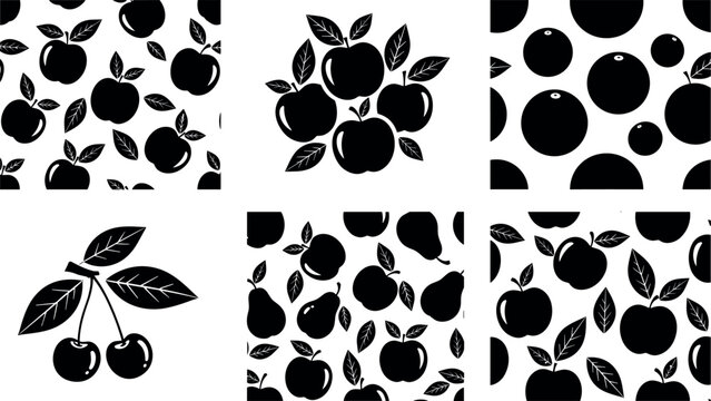 Fruit silhouette pattern collection vector illustration with apple cherry and pear decorative seamless designs isolated on white background