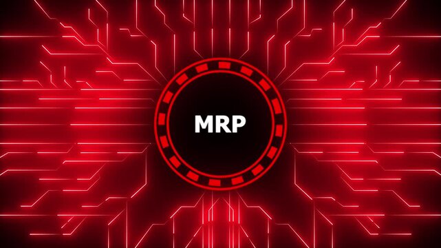 Futuristic digital display with the mrp abbreviation and circuitry background in red,4k animation motion graphics video.