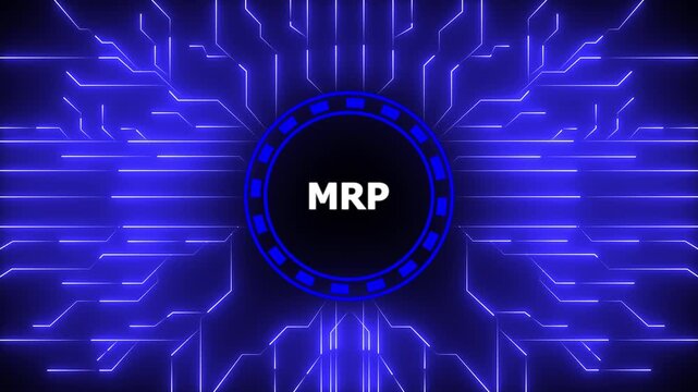 Futuristic digital display with the mrp abbreviation and circuitry background in blue,4k animation motion graphics video.