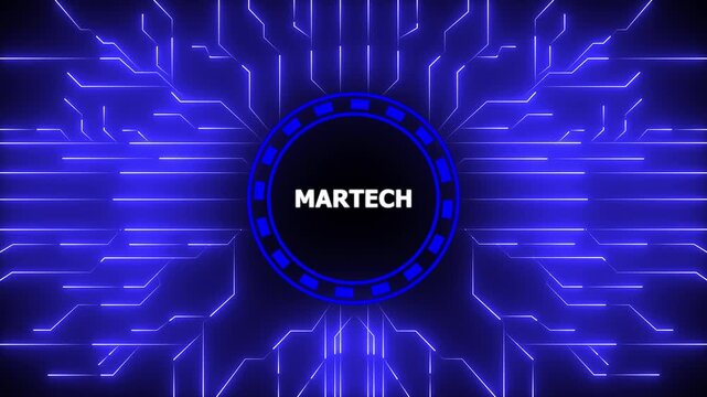 Animated martech technology background featuring glowing circuit board network, 4k animation motion graphics video.