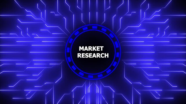 Digital interface animated market research title overlay on technology circuitry background,4k animation motion graphics video.