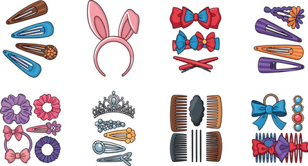 Hair accessories set vector illustration with headband clips bows combs and tiara decorative elements isolated on white background © EdGe Creative