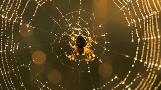Spider building web glistening with morning dew drops in soft golden sunrise light, intricate natural creation.