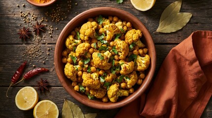 Fototapeta premium Spiced cauliflower and chickpea curry in rustic clay bowl