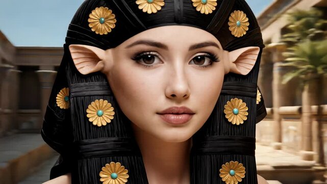 Beautiful Egyptian goddess Hathor with black headdress adorned with gold and turquoise flower ornaments in ancient Egypt temple. Cinematic close-up portrait for mythology projects.
