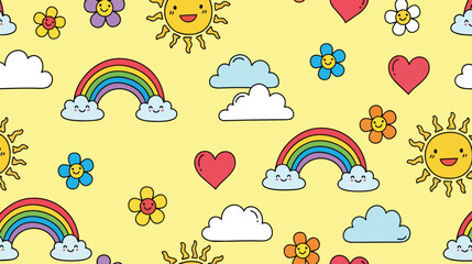 Fototapeta premium Cute kawaii rainbow clouds and suns seamless pattern on yellow background with seamless background illustration scrapbook decoration childish colorful creativity imagination seasonal