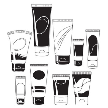 Assorted cosmetic tubes and packaging illustration for a beauty products collection and branding visuals.
