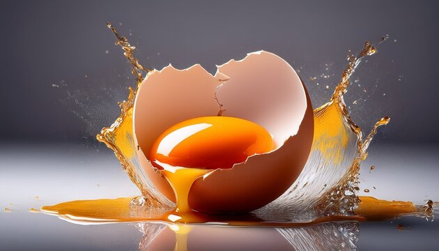 cracked egg with splashing yolk on gray background