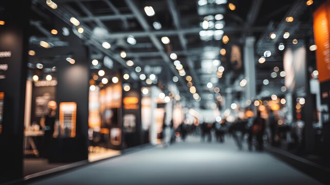 Blurred Exposition: A dynamic scene unfolds at an industry exposition, with exhibitors and attendees immersed in a world of innovation, discovery, and networking.