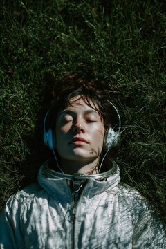 Peaceful woman in a white jacket lying on grass, eyes closed, wearing headphones. Relaxation and tranquility in nature.