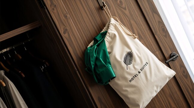 Hotel laundry bag hanging on a dark wood wardrobe door. Guest services and amenities in a luxury suite. Green silk shirt in a canvas bag