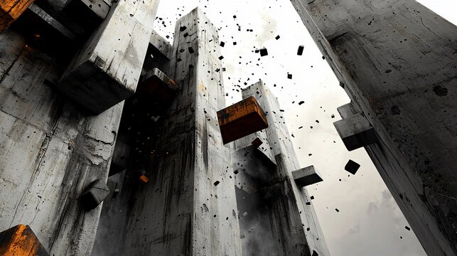 Brutalist Deconstruction A LowAngle View of Exploding Concrete Towers and Debris.