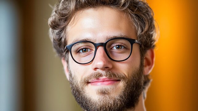 Closeup Portrait of a Young Man with Curly Hair Beard and Glasses Smiling Warmly Against a Gradient Background.
