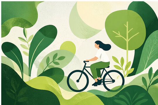 Stylized abstract scene conveying sustainable living with bicycle