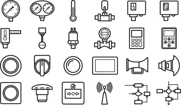 A detailed line art of industrial tools and equipment, offering a comprehensive representation of instrumentation. 