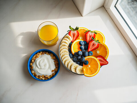 Vibrant and healthy breakfast spread featuring a bowl of fresh fruit salad with oranges strawberries blueberries and bananas alongside a glass of orange juice and a small bowl