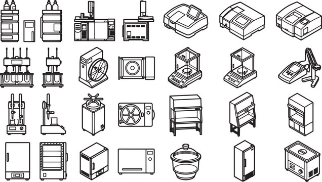 A collection of meticulously detailed line drawings of laboratory equipment, illustrating the tools and instruments essential for scientific experiments and analysis.