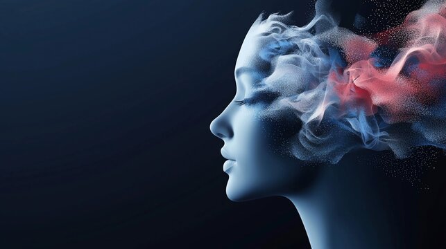 Ethereal Profile Womans Mindscape with Flowing Abstract Particles on Dark Background.