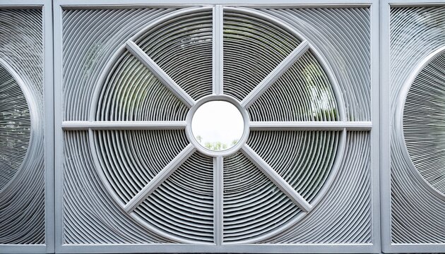 white geometric metal grate protects a window with a circular design