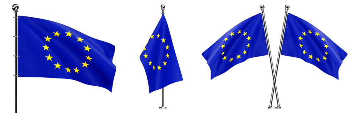 Realistic 3D set of the flag of European Union on metal flagpoles, isolated on transparent background. PNG collection	