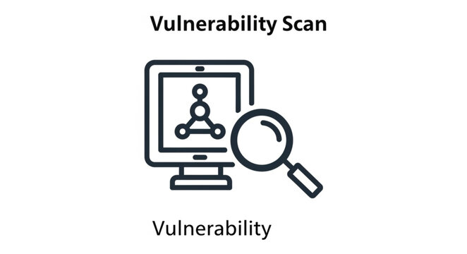 Computer screen displaying vulnerability scan with magnifying glass.
