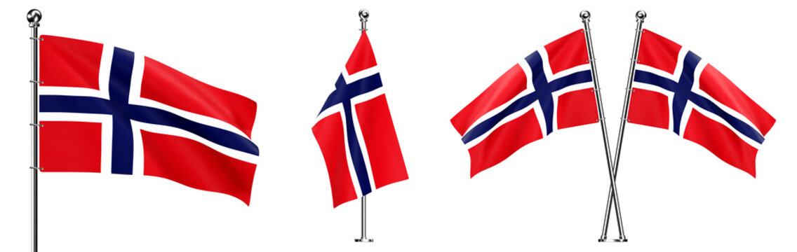Realistic 3D set of the national flag of Norway on metal flagpoles, isolated on transparent background. PNG collection	