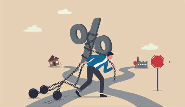 Debt burden thison in of to the for we can risk from high interest rate, FED or federal reserved rate hike cause heavy loan or mortgage payment, economic recession concept, businessman carry heavy
