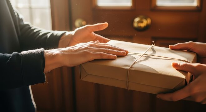 Delivery person hands a wrapped parcel to a recipient at a residential doorway.