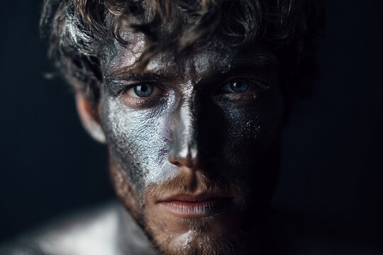 Close-up of a man's face painted with metallic silver, highlighting intense expression and artistry, under dramatic lighting.