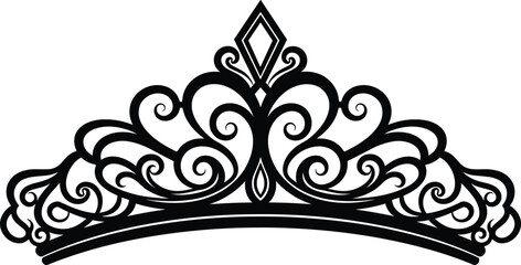 Elegant ornate crown tiara silhouette with decorative filigree scrollwork, diamond centerpiece, royal celebration symbol, beauty icon and ceremonial design illustration © Sheikh